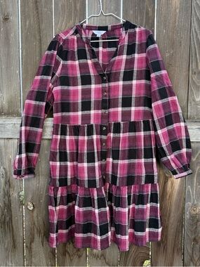 Time and Tru Pink and Black Plaid Tiered Button-Front Dress